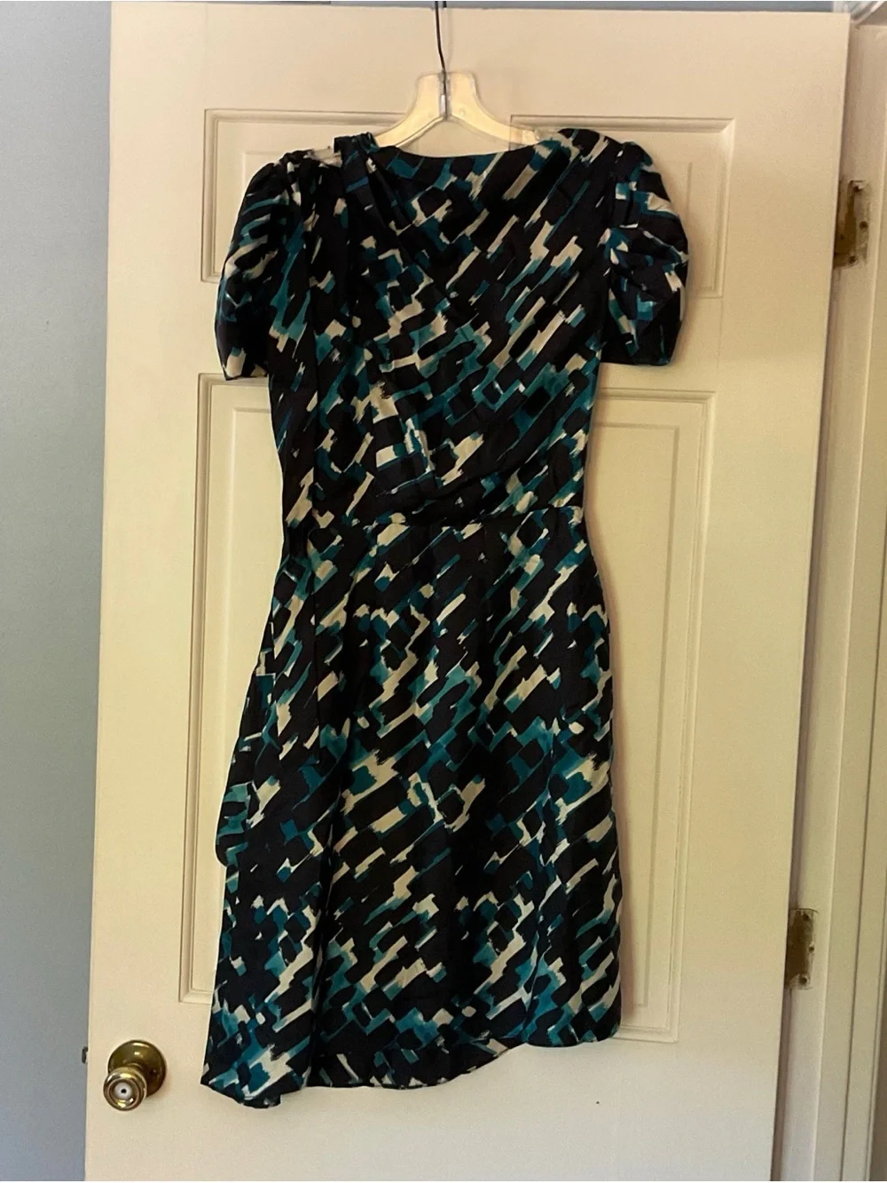 Thakoon Silk Dress Abstract Print Puff Sleeve Asymmetrical Hem Tie Neck Size 4‎